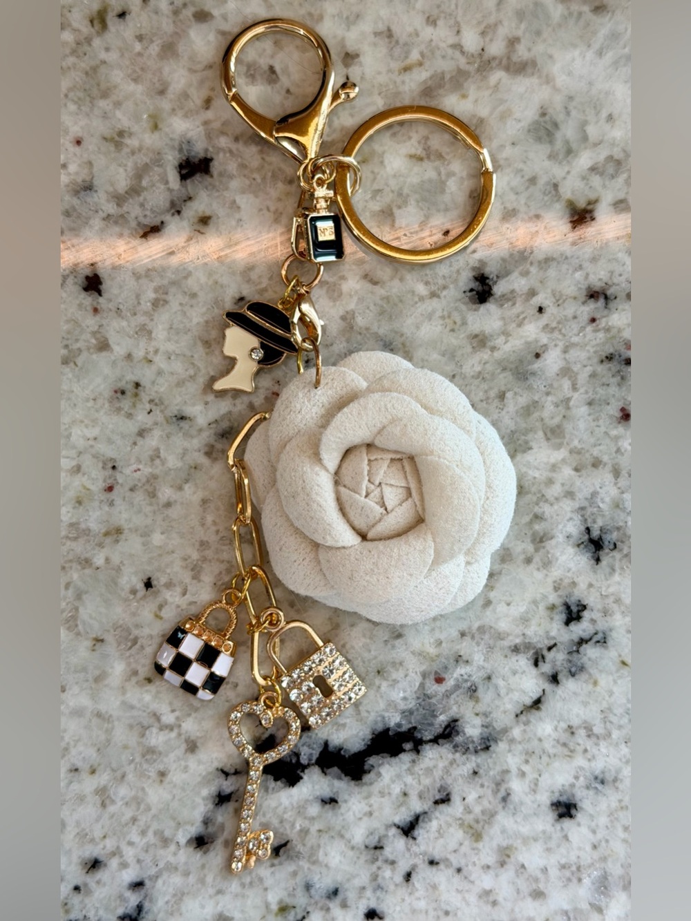 Handmade Cream Flower Lock & Key Charm with Gold Accents